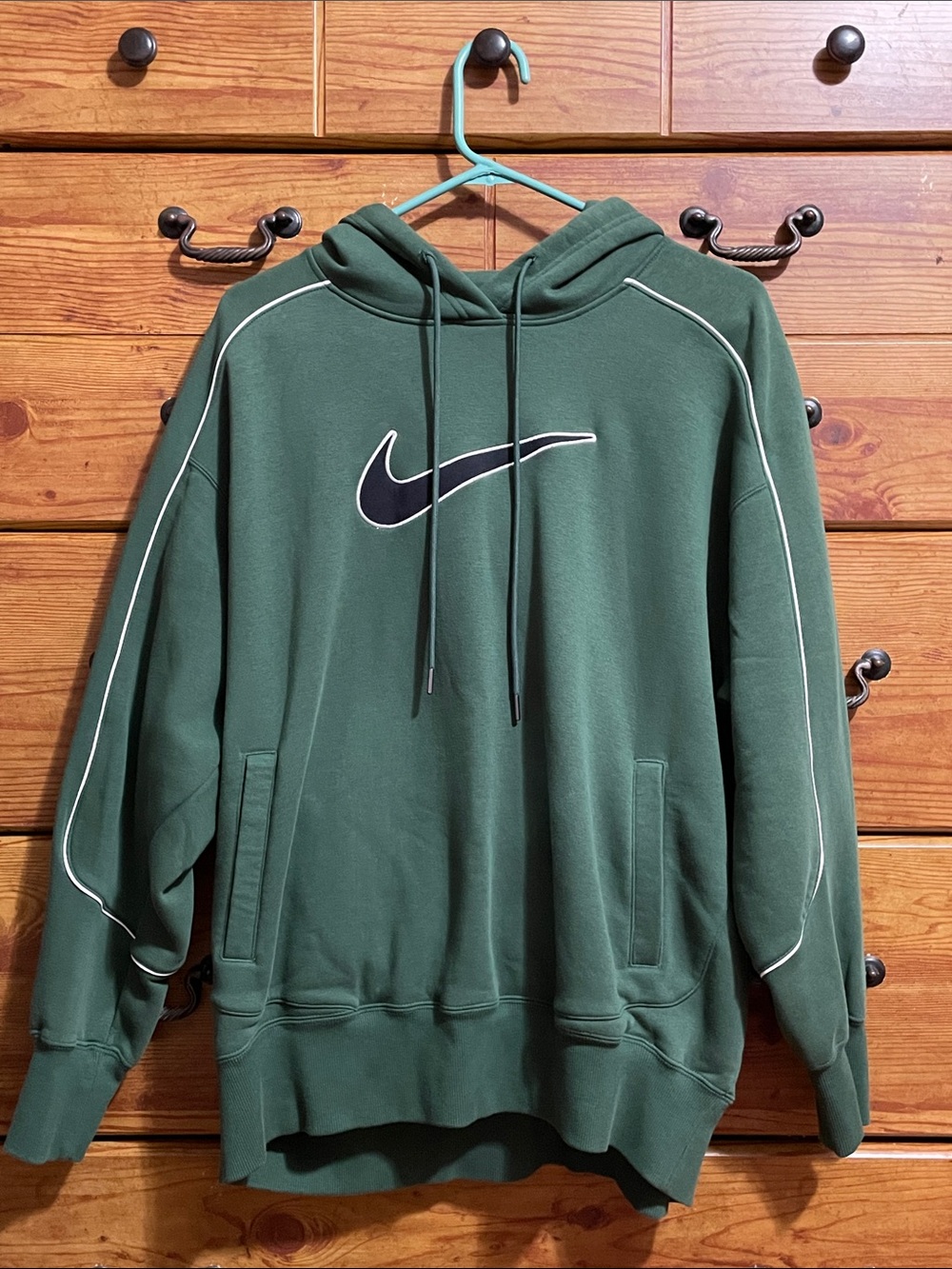 Nike Women’s Forest Green Hoodie with Black Swoosh and White Piping